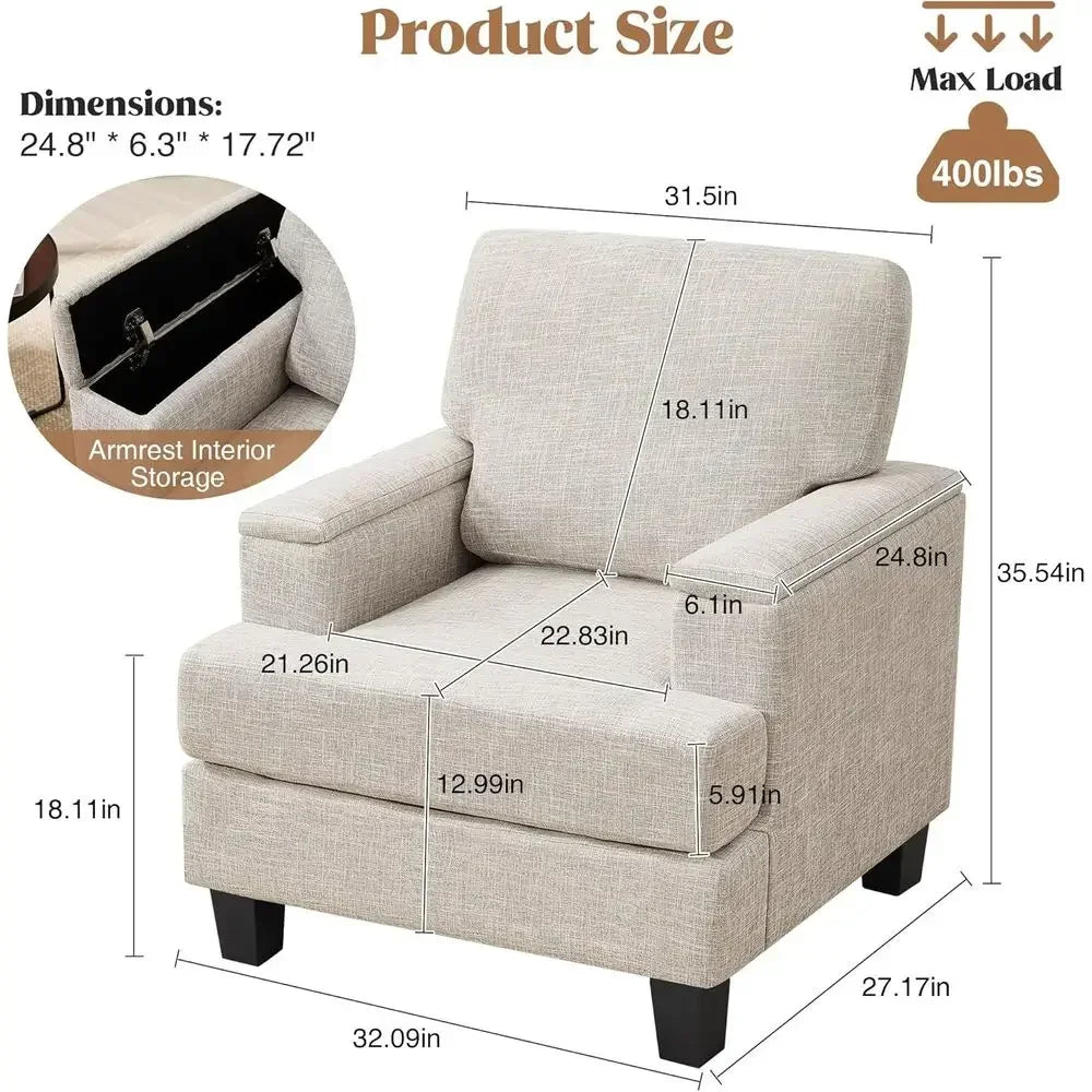 2-Piece Armrest Storage Accent Chairs, Comfortable Upholstered Living Room Furniture, Beige Fabric Sofa Chairs for Reading or Be