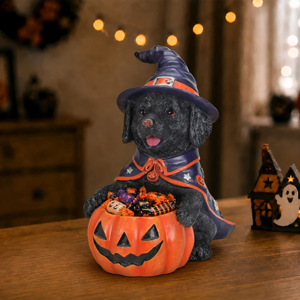 Halloween Witch French Bulldog Resin Figurine Pumpkin Candy Bowl Decoration