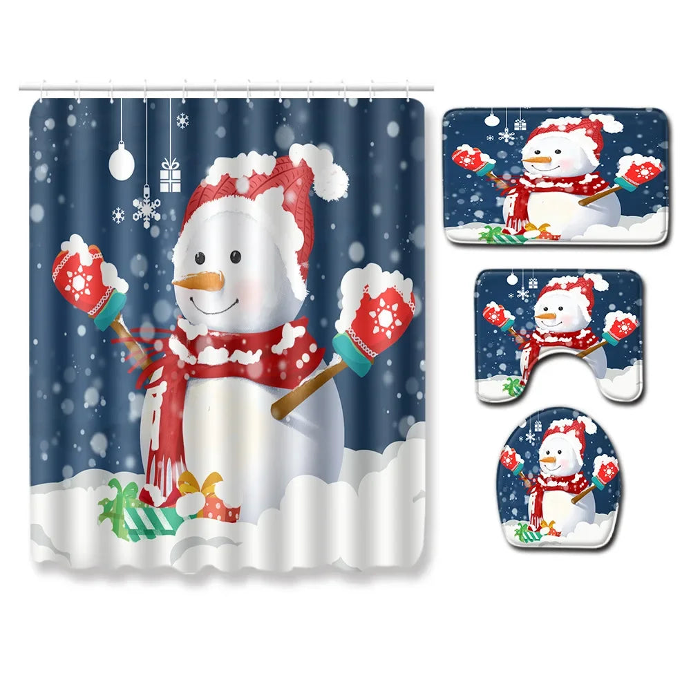 Christmas Shower Curtain Sets With Non-Slip Rugs Toilet Lid Cover and Bath Mat Snowman Shower Curtains 4 Piece Bathroom Decor