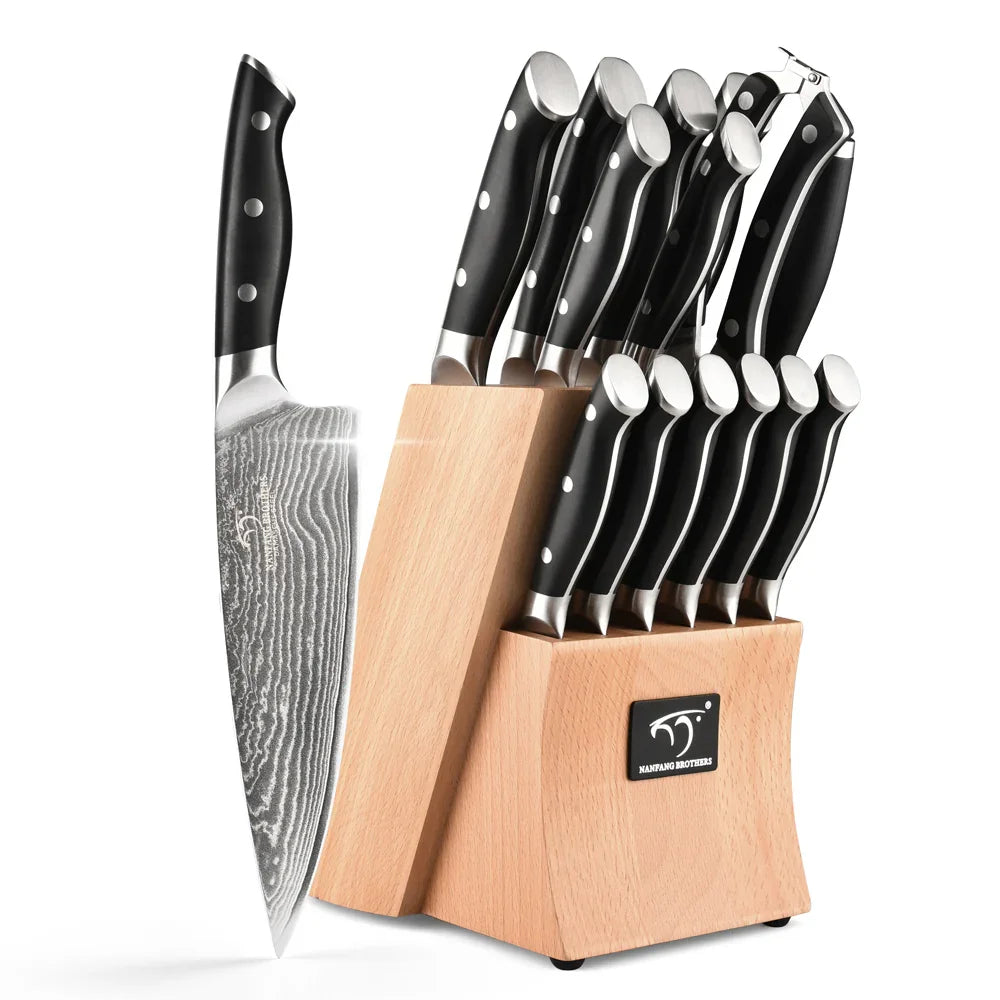 15 piece VG10 Damascus kitchen knives with ergonomic handles  Sharp cutting tools suitable for cutting meat, vegetables, fruits and bread  Professional chef set for home use  Complete set including sharpening rod and scissors