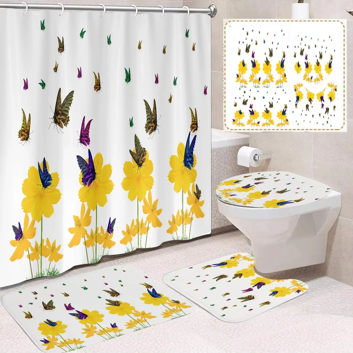 Custom 3D Digital Print Polyester Flower Shower Curtain Quick-Drying 4-Piece Modern Bathroom Set Wholesale Bathroom Accessory