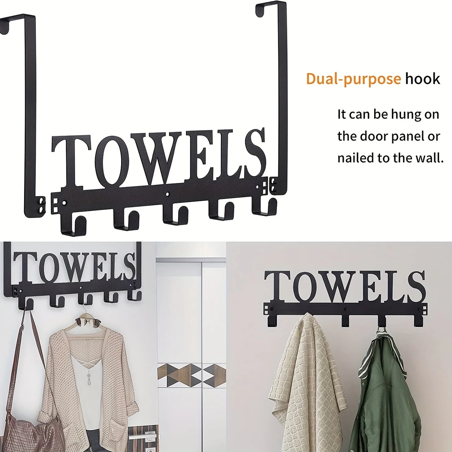 Over The Door Hooks, Towel Rack with 5 Hooks, Towel Holder for Hanging Heavy Duty, Door Rack Over Door Hanger for Bedroom Bathroom Kitchen