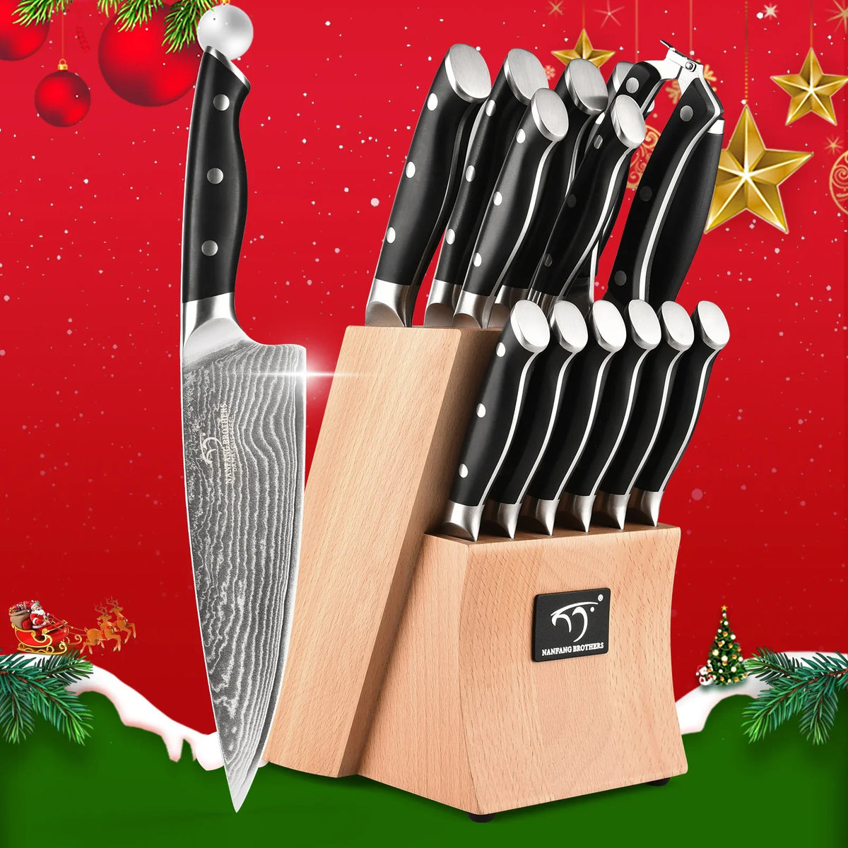 15 piece VG10 Damascus kitchen knives with ergonomic handles  Sharp cutting tools suitable for cutting meat, vegetables, fruits and bread  Professional chef set for home use  Complete set including sharpening rod and scissors