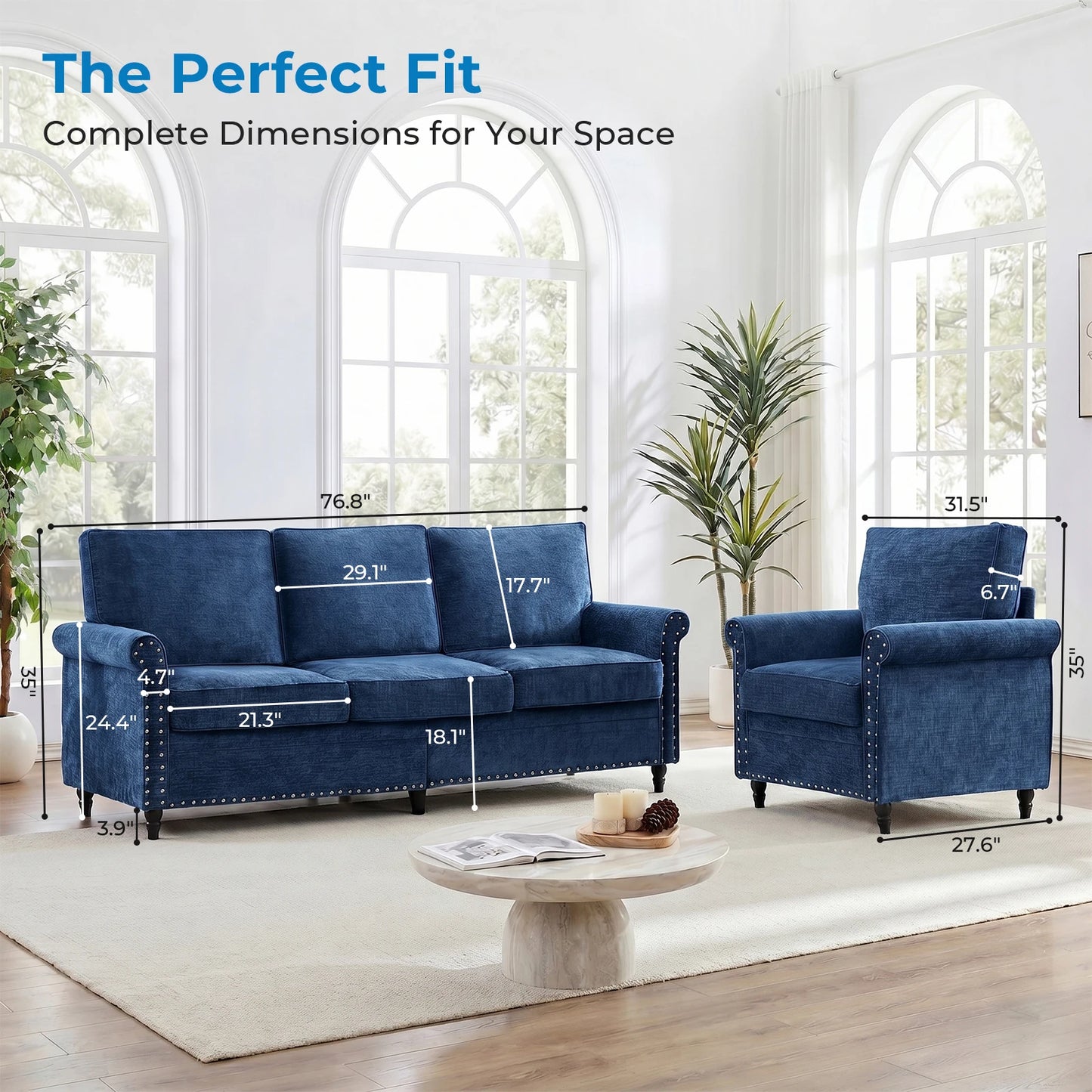 Modern 2PCS Chenille Sofa Set Rivet Design Thick Cushion Living Room Couch with Wood Frame & Gourd Legs