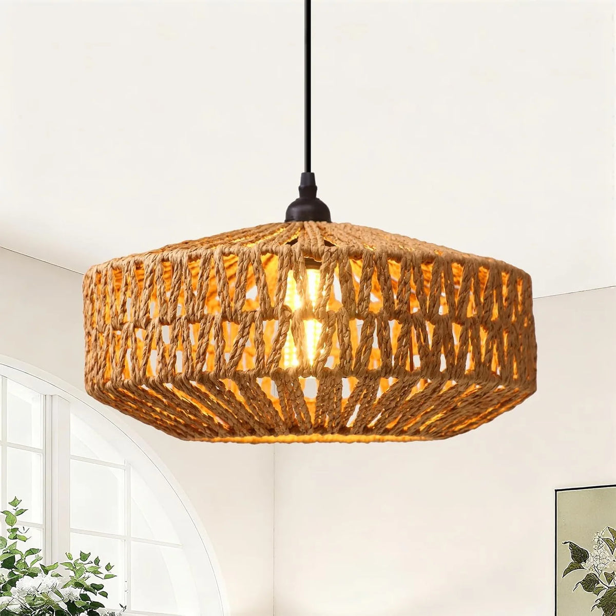 JOYINLED Natural Rattan Chandelier Small Paper Rope Pendant Light E26/E27 Ceiling Lamp Dining Living Room Bedroom Kitchen Island