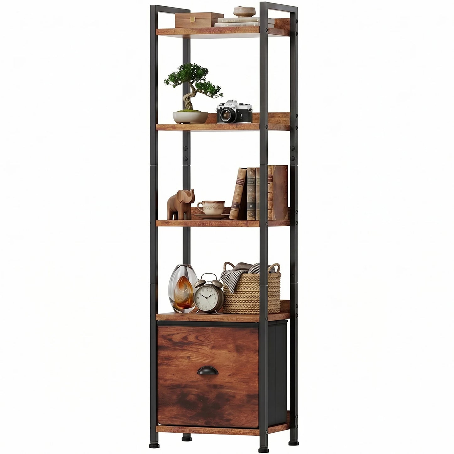 Industrial Metal Five Tier Bookshelf With Fabric Drawers For Home