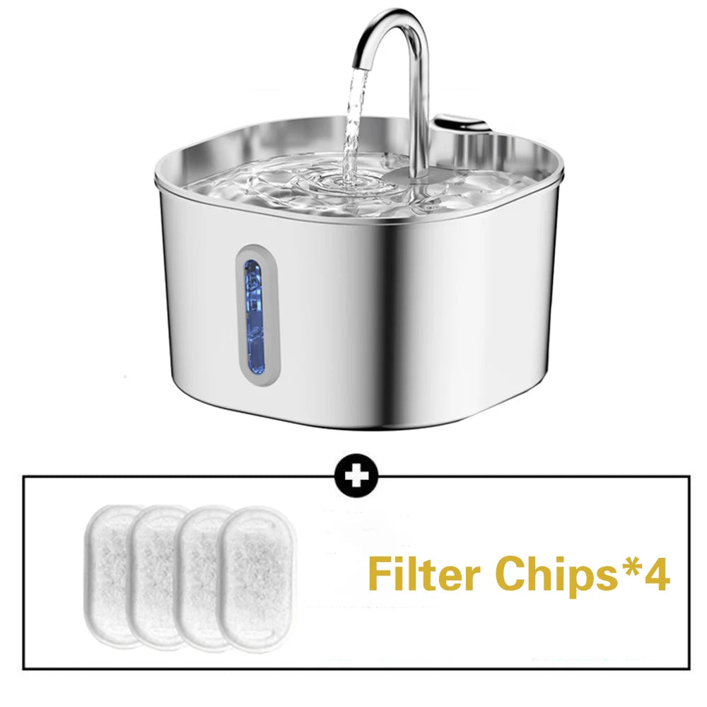 2.2L Square/Round Stainless Steel Cat Water Fountain, Dog Water Dispenser with LED Window, Silent Pet Water Feeder(No 5V 1A Plug