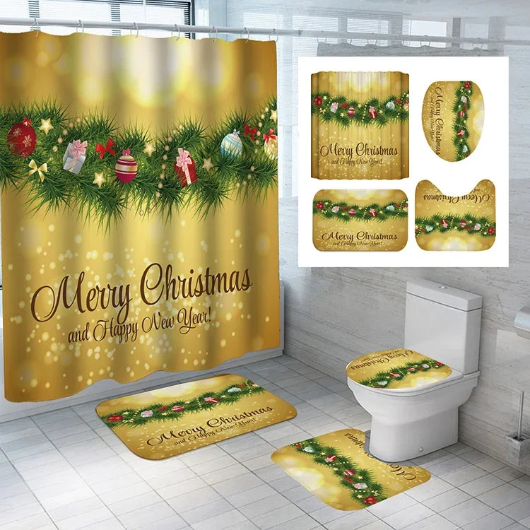 Wholesale Santa Claus Christmas Style Polyester Bathroom Shower Curtains 4pcs Waterproof Shower Curtain Sets