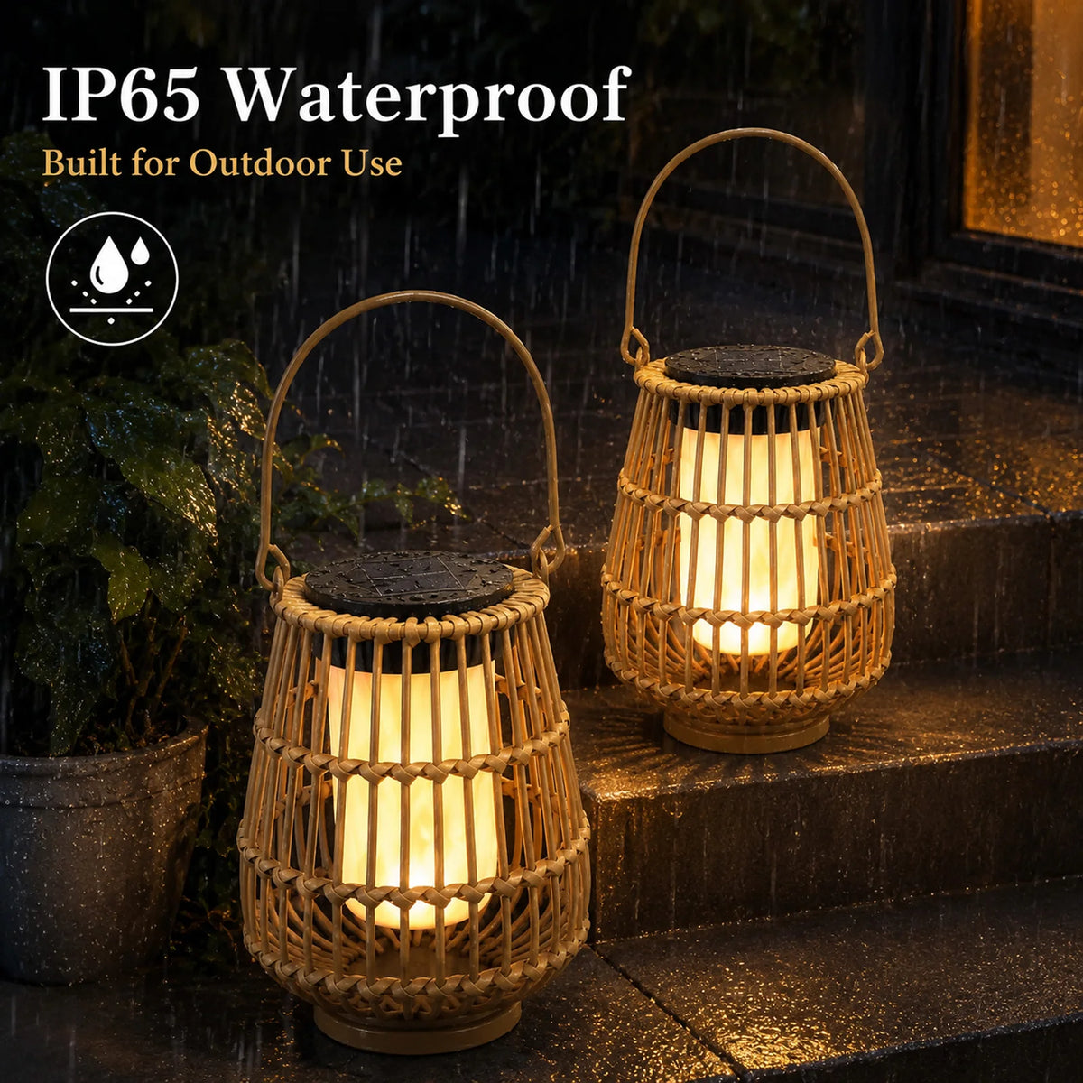 Two Pack Handwoven Rattan Solar Lanterns For Garden Decor