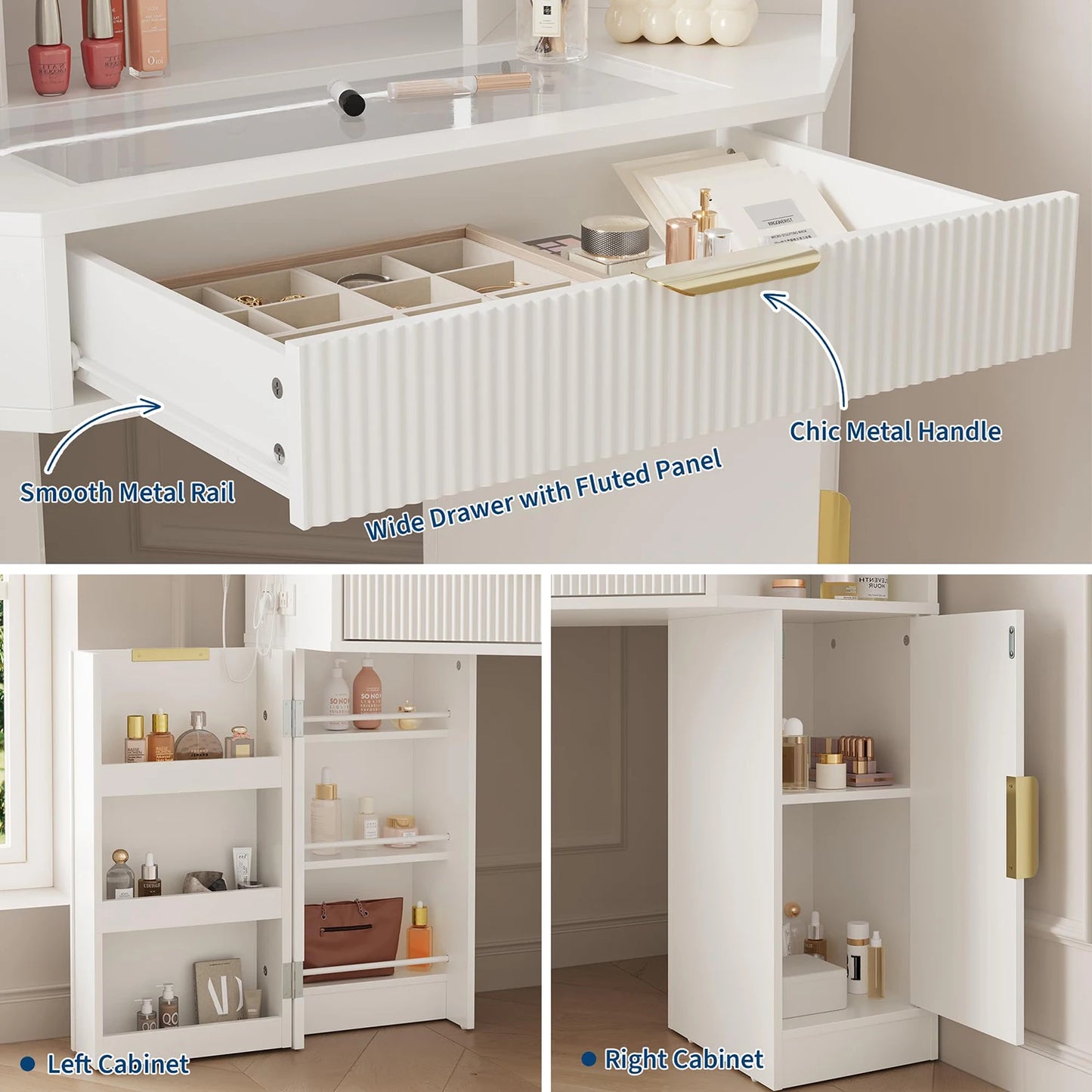 HiMISS Corner Vanity Desk With LED Lights And Charging Port