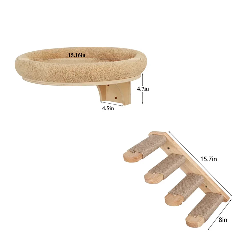 CWV Solid Pine Wall Mounted Cat Tree Hammock With Scratching Post