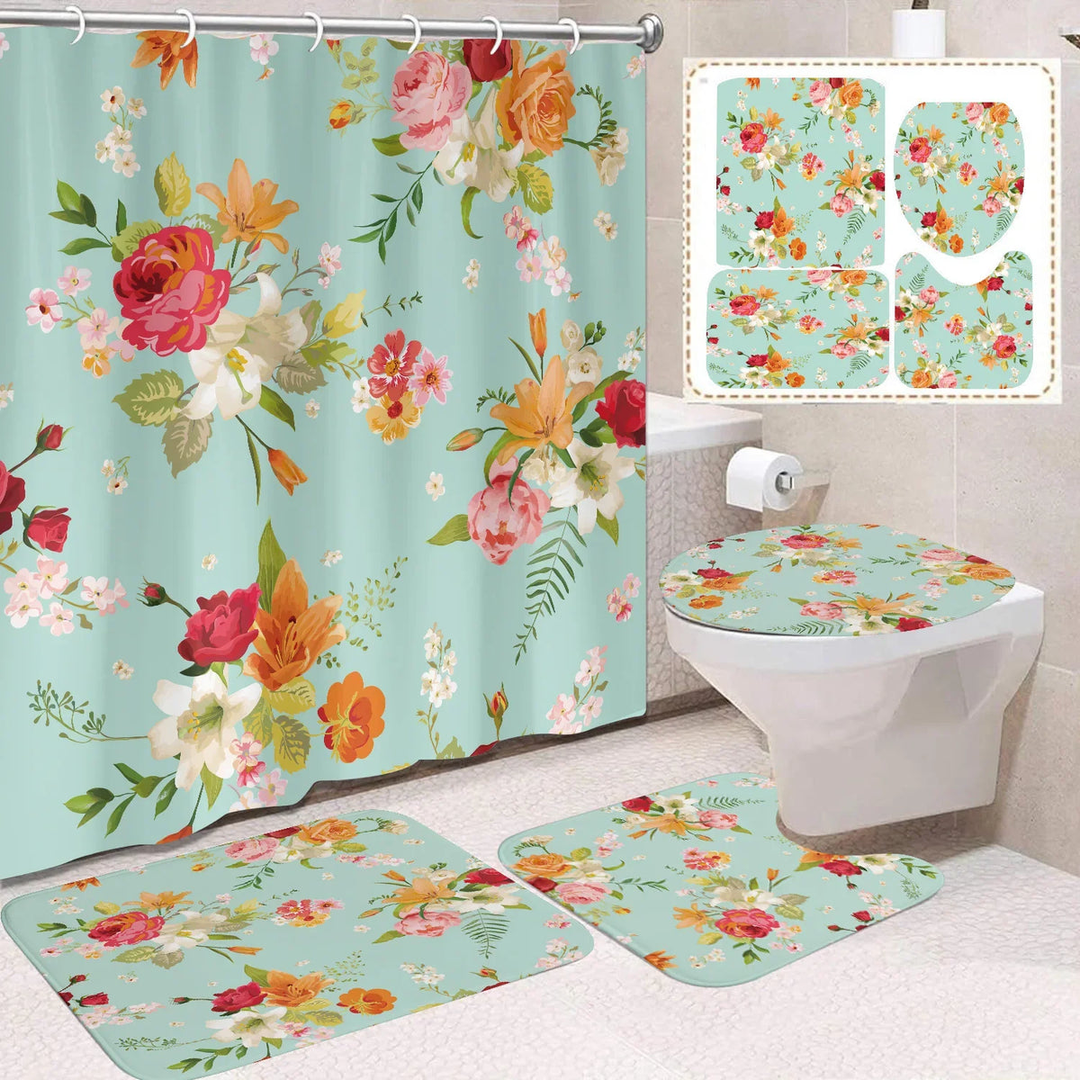 Custom 3D Digital Print Polyester Flower Shower Curtain Quick-Drying 4-Piece Modern Bathroom Set Wholesale Bathroom Accessory