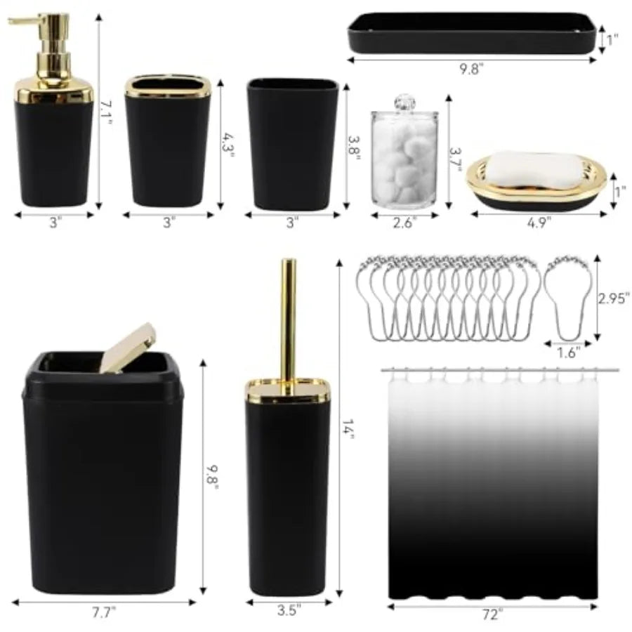 22PC Black Bathroom Accessories Sets Complete with Black Ombre Shower Curtain, Trash Can, Toothbrush Holder, Toothbrush Cup, So