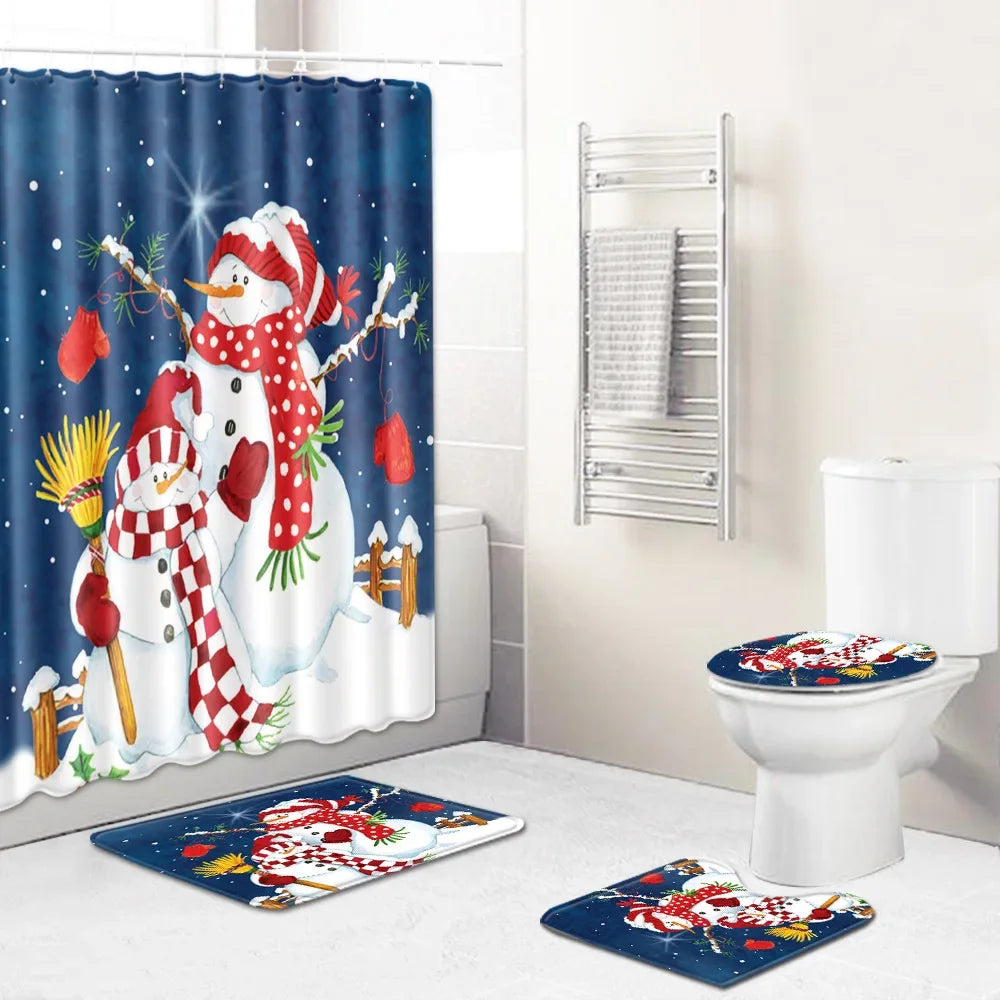 Christmas Shower Curtain Sets With Non-Slip Rugs Toilet Lid Cover and Bath Mat Snowman Shower Curtains 4 Piece Bathroom Decor