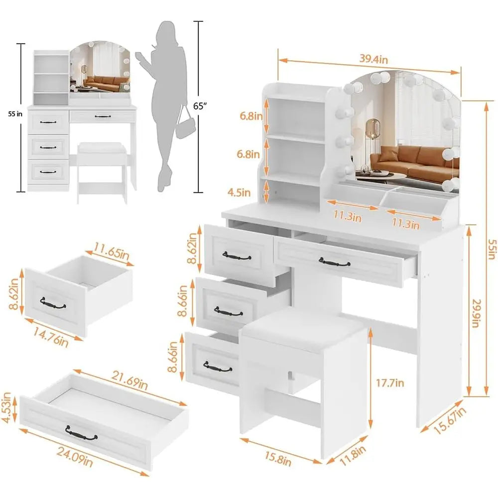 Vabches Vanity Desk with Mirror and Lights,Makeup Vanity Set or Bedroom | White Dring Table 3 Lighting Col, 4 Ders