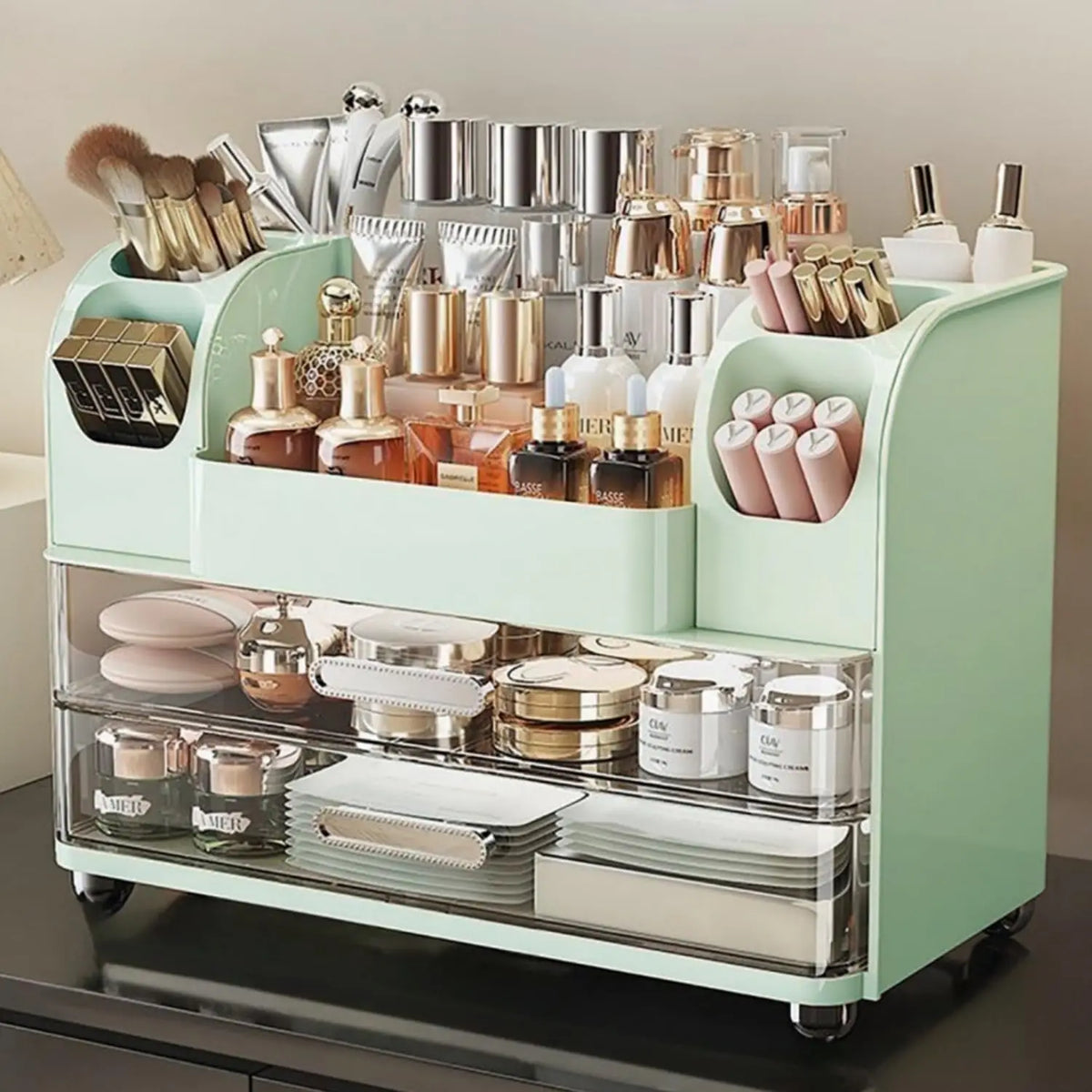 Makeup Organizer with Drawers for Vanity,Bathroom Countertop Organizer with Brushes Holder,Skincare Storage Organizer for Lipsticks,Nail Polishes, Perfumes,Eyeshadow Palettes (Green)