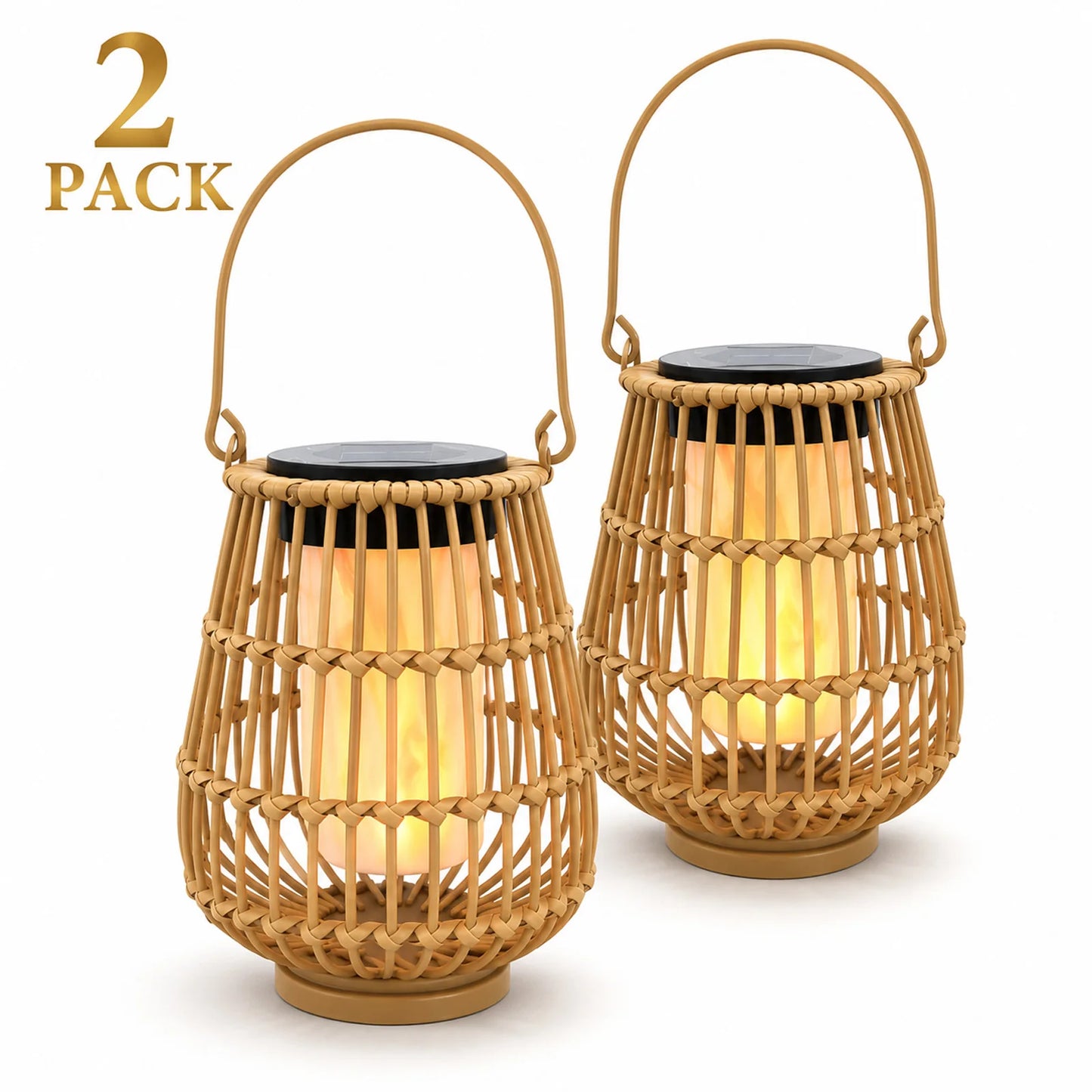 Two Pack Handwoven Rattan Solar Lanterns For Garden Decor