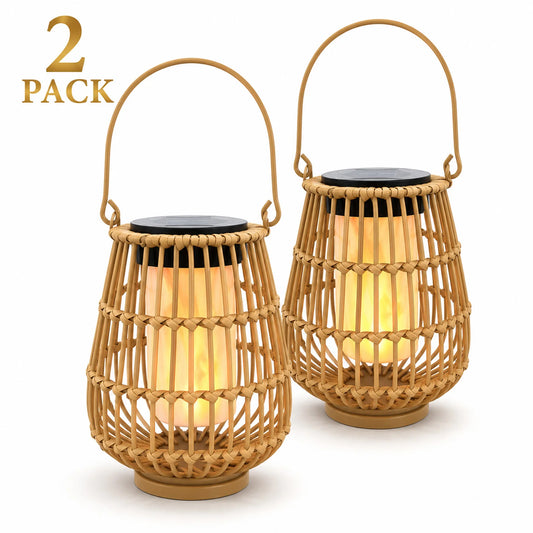 Two Pack Handwoven Rattan Solar Lanterns For Garden Decor