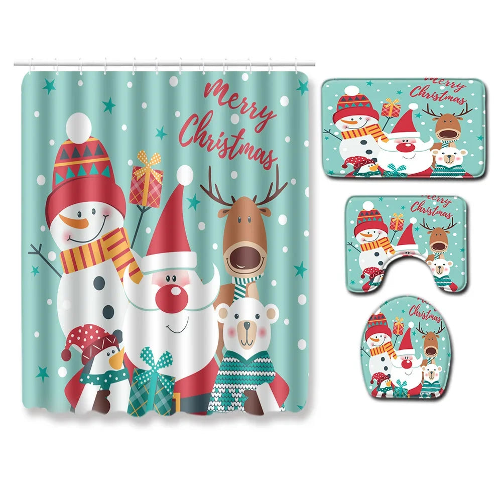 Christmas Shower Curtain Sets With Non-Slip Rugs Toilet Lid Cover and Bath Mat Snowman Shower Curtains 4 Piece Bathroom Decor