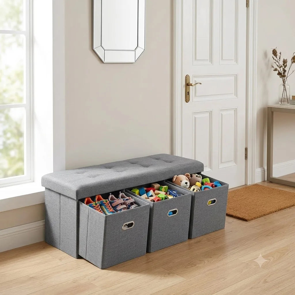 Foldable Storage Ottoman Bench With Three Spacious Drawers