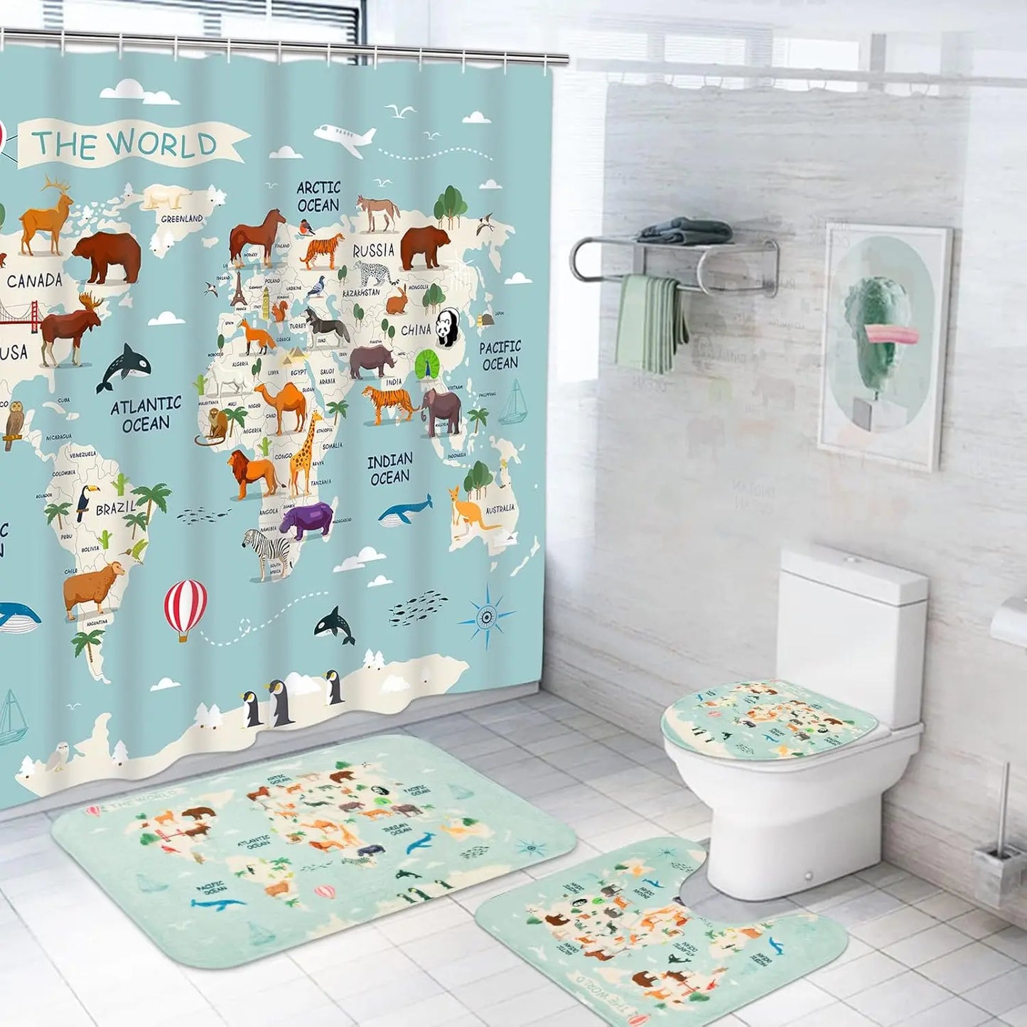 4PC Kids Dinosaur Bathroom Set - Waterproof Cartoon Shower Curtain with 12 Hooks, Non-Slip Mats & Toilet Cover, Fun Bath Decor