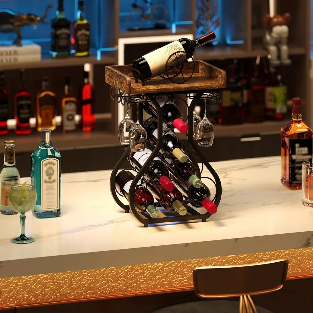 Compact Countertop Wine Rack with Glass Holder and Storage Shelf for Kitchen Bar