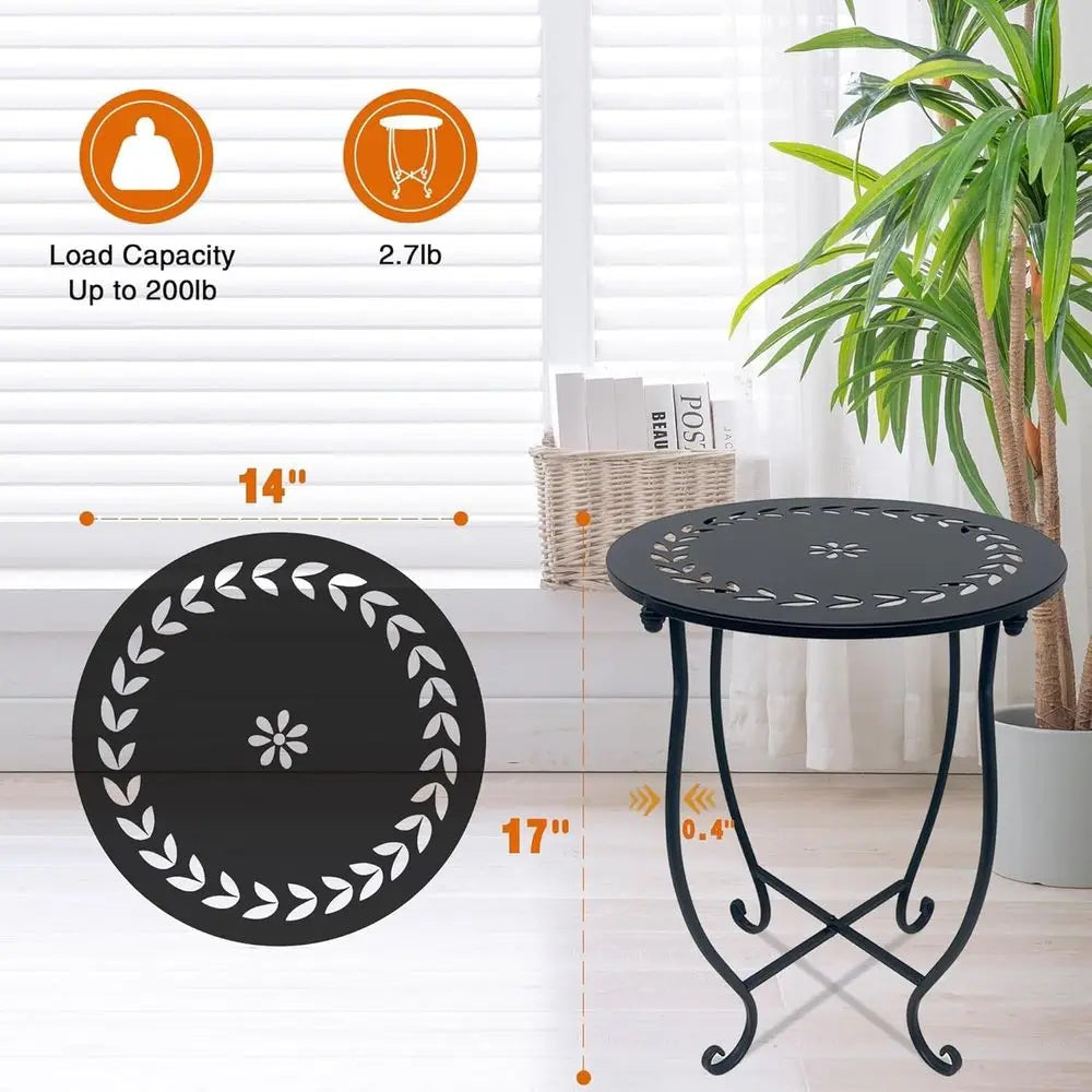 Metal Round Side Table, 2 Pack 14 Inch Outdoor Side Table, Weather Resistant Black Metal Patio Balcony Yard Garden, Plant Stand