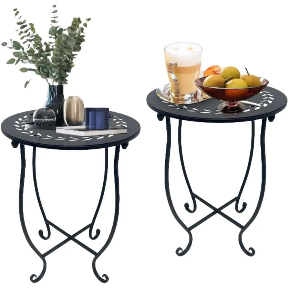 Metal Round Side Table, 2 Pack 14 Inch Outdoor Side Table, Weather Resistant Black Metal Patio Balcony Yard Garden, Plant Stand