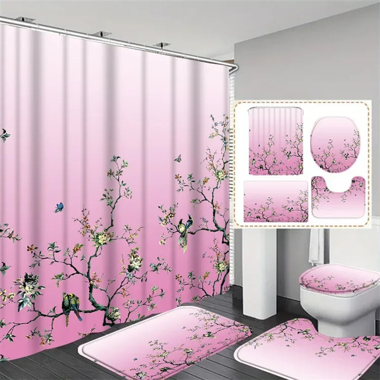 4 Pcs Shower Curtain Sets Bath Mat  Decor Bathroom pink Contour Mat Toilet Lid Cover U Shaped Non-Slip Rug Fabric Polyester