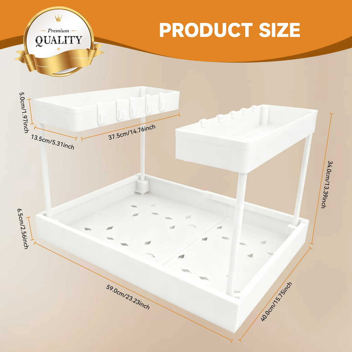 Under Sink Organizer Storage, 2 Tier U-Shape Expandable Multi-Purpose Large Capacity Kitchen Under Sink Organizers for Narrow Space Easy Access Sliding Storage Drawer with Hooks