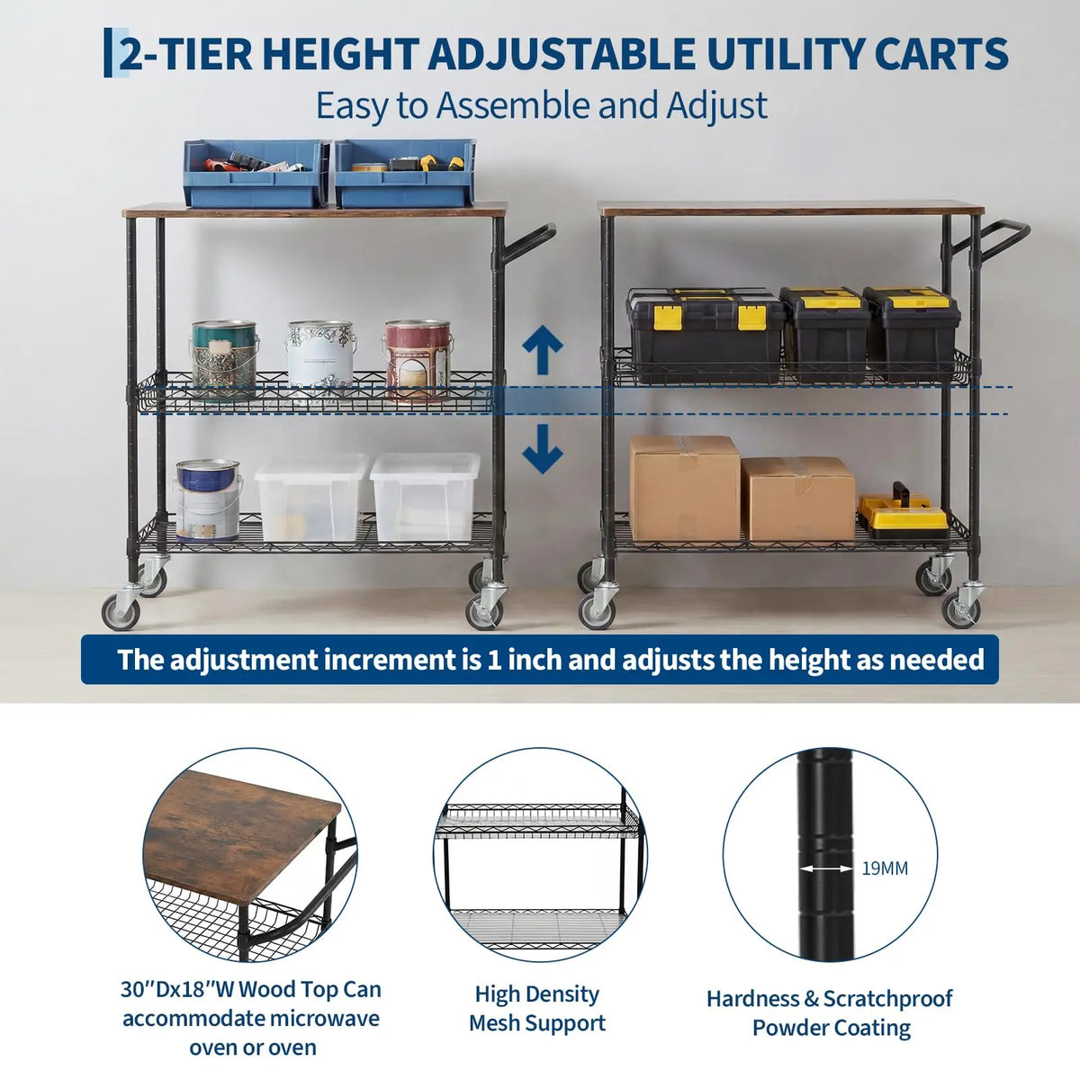 Himiss 3 Tier Rolling Kitchen Cart With Wood Top Rack