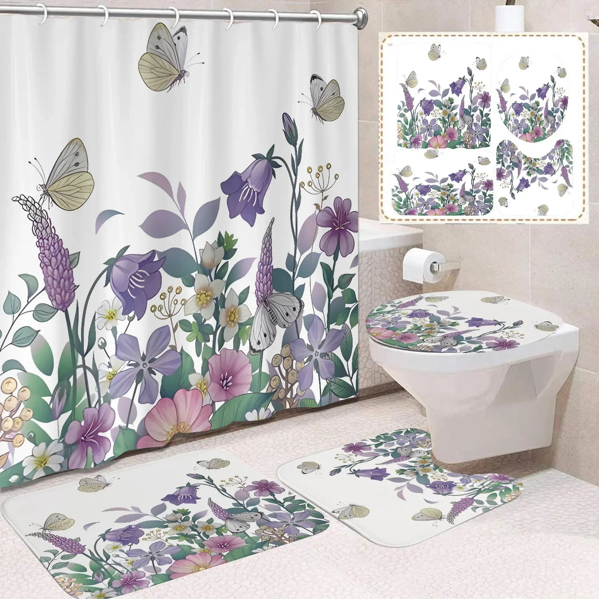 Custom 3D Digital Print Polyester Flower Shower Curtain Quick-Drying 4-Piece Modern Bathroom Set Wholesale Bathroom Accessory