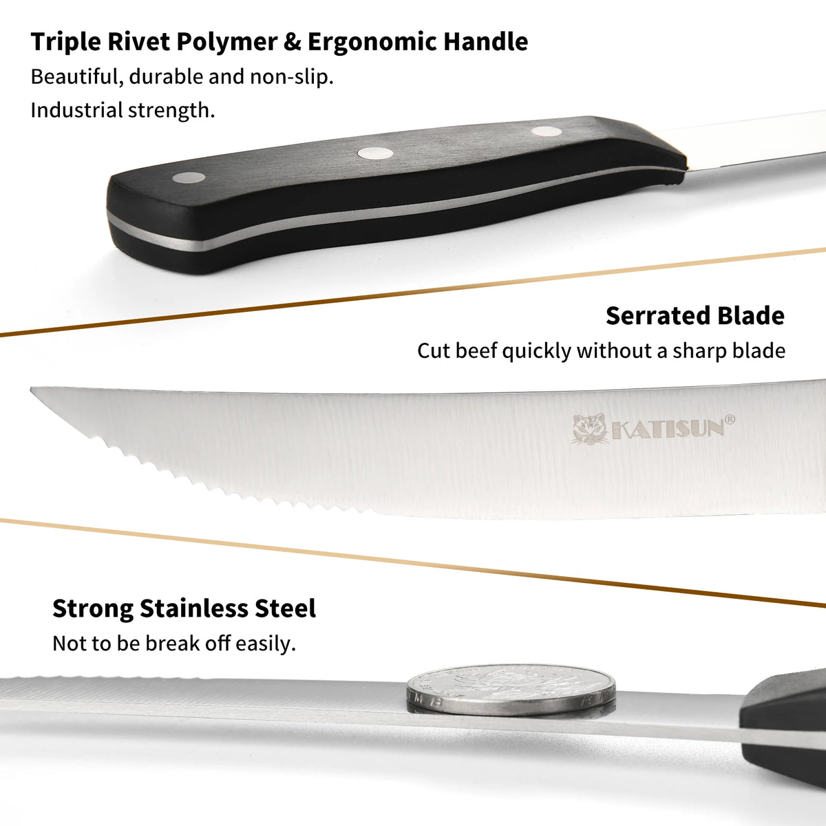 Katisun 8 Pieces 5 Inch Serrated Steak Knives Set with Triple Rivet POM Handle Dishwasher Safe Home Restaurant