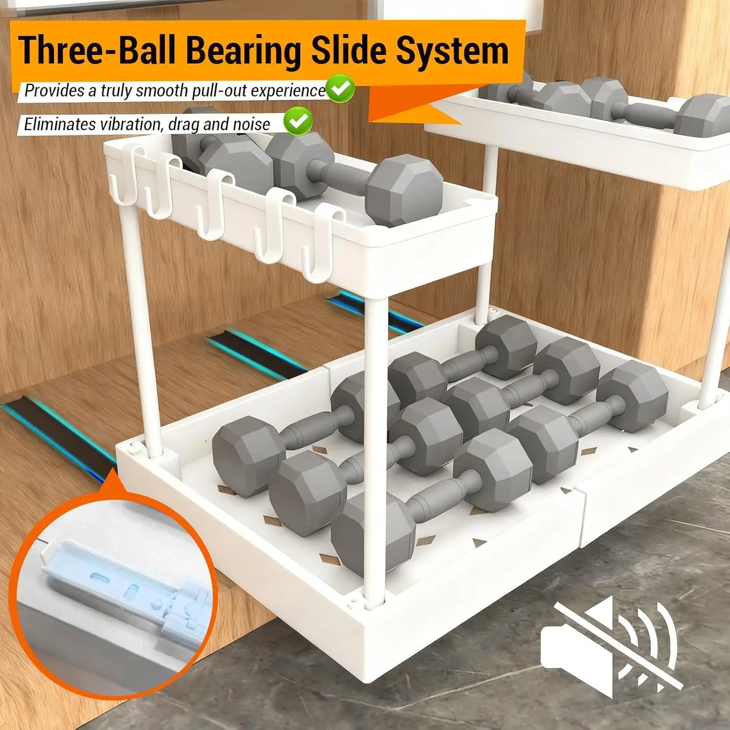 Under Sink Organizer Storage, 2 Tier U-Shape Expandable Multi-Purpose Large Capacity Kitchen Under Sink Organizers for Narrow Space Easy Access Sliding Storage Drawer with Hooks