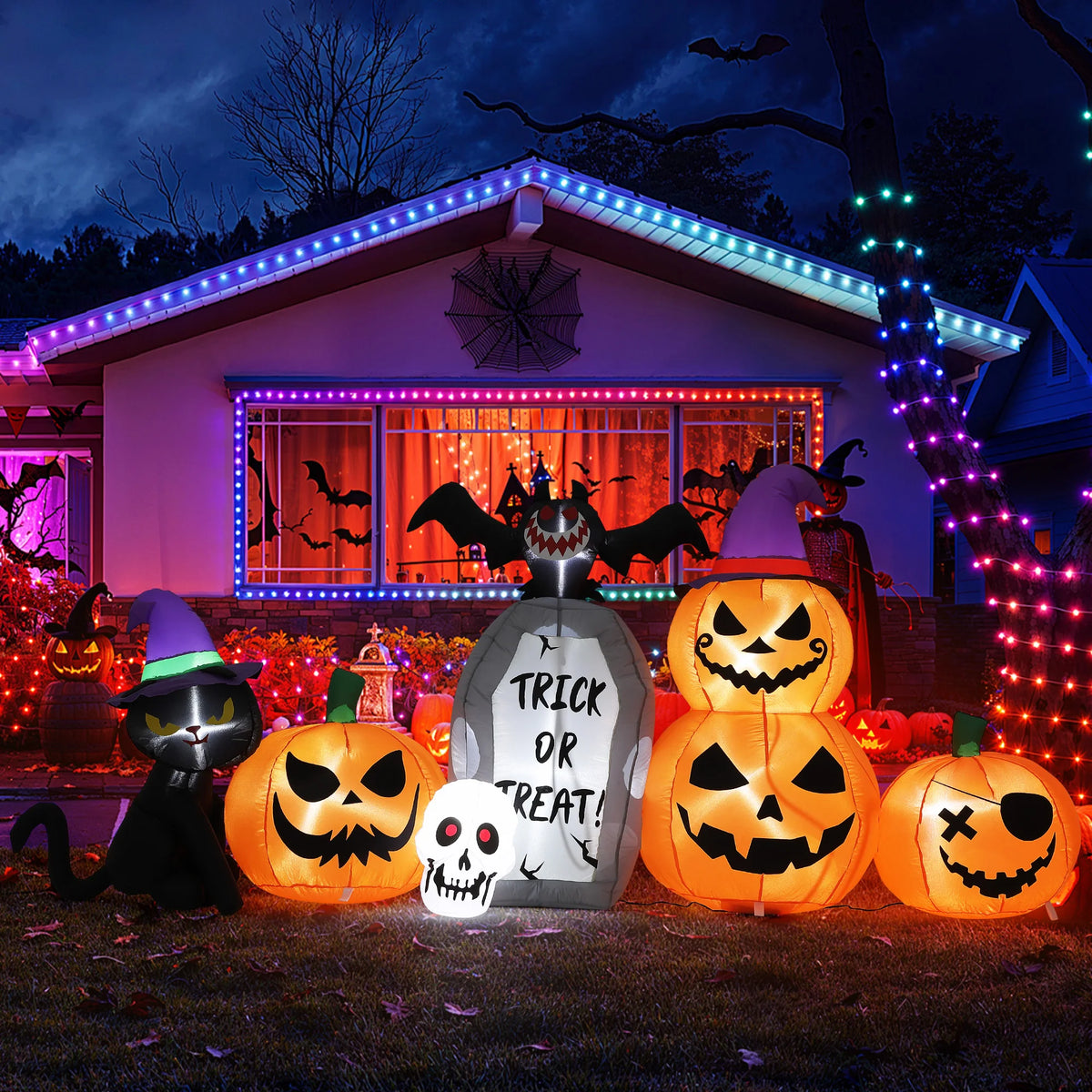 Halloween Outdoor Inflatable Yard Decor Cat And Pumpkin Led Lights