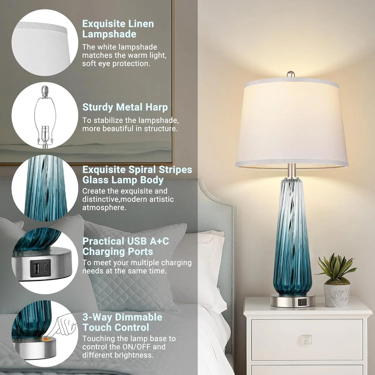 Touch Control Glass Table Lamps Set of 2 with USB A+C Ports, 3-Way Dimmable Nightstand Lamps with White Fabric Shade for Living