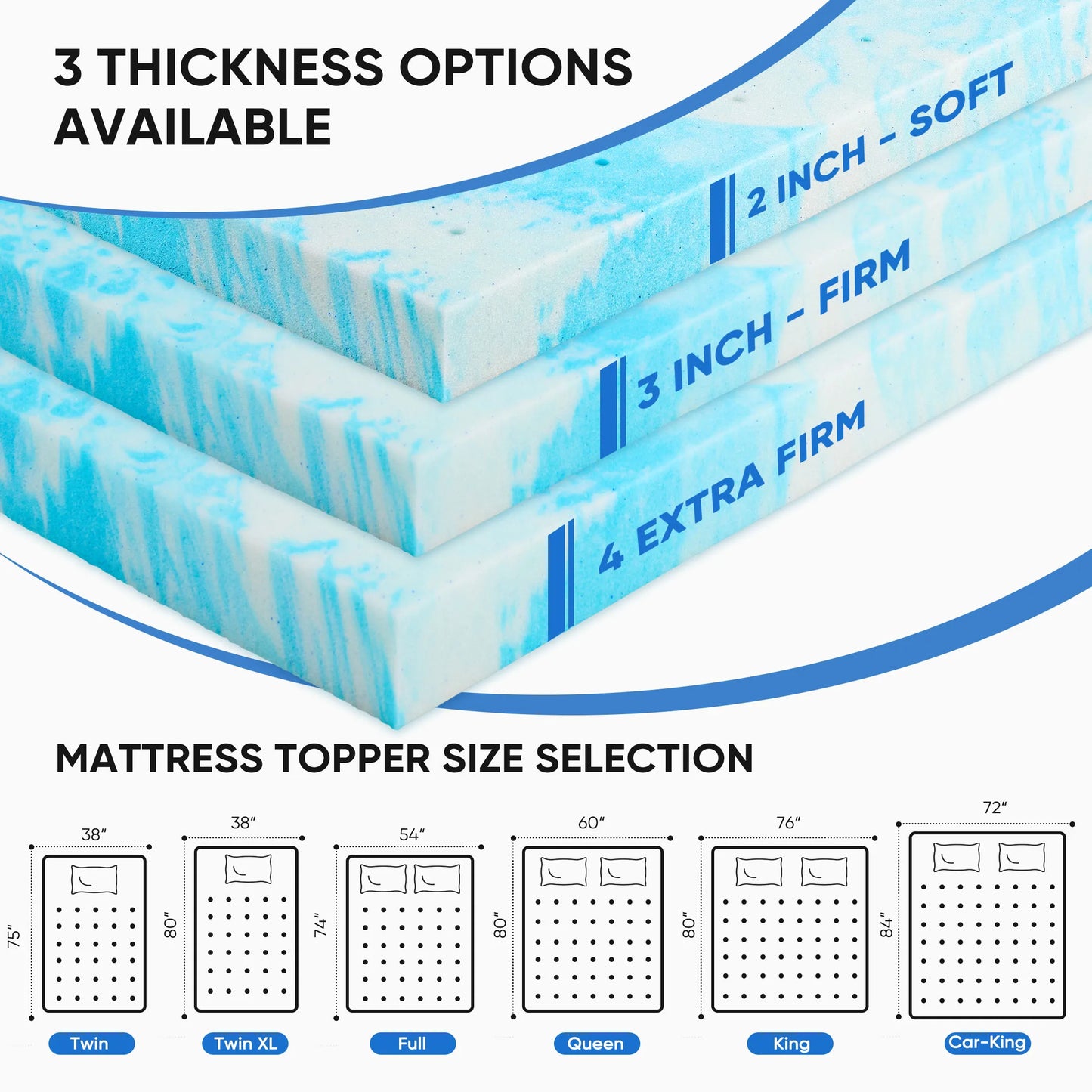 JHK Gel Memory Foam Mattress Topper Cooling Breathable Comfort