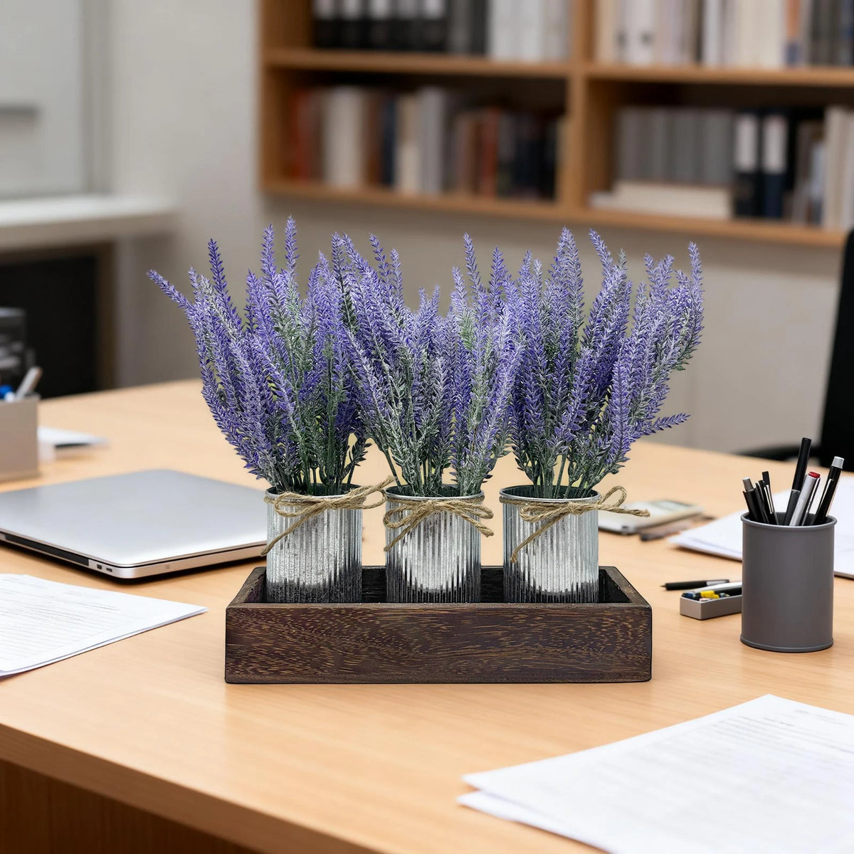 3-Piece Artificial Babys Breath Gypsophila Plant Flowers Set, Paper Pulp Pots with Galvanized Metal Bucket & Wooden Tray, Faux Greenery Dining Room Table Centerpiece for Kitchen, Coffee Table