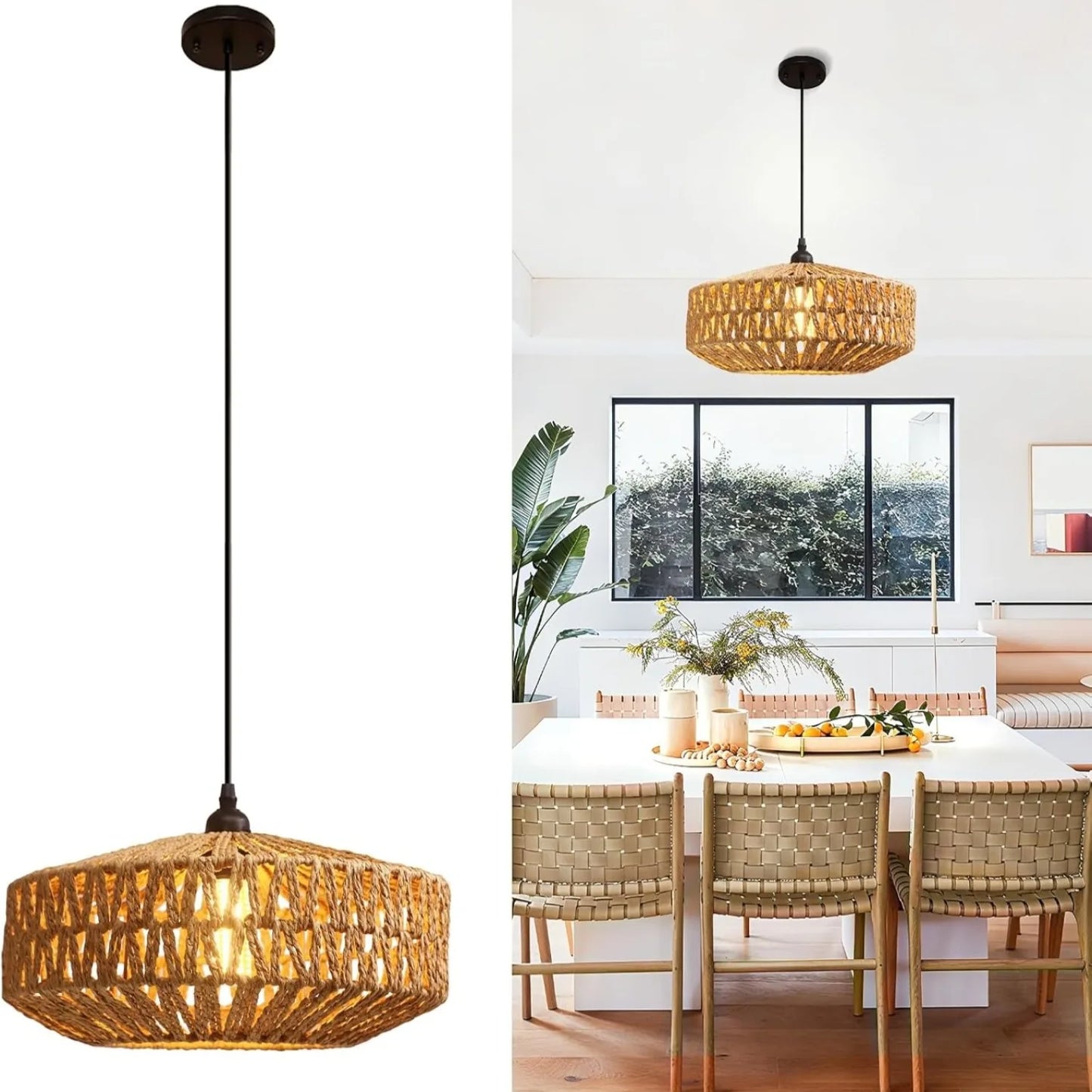 JOYINLED Natural Rattan Chandelier Small Paper Rope Pendant Light E26/E27 Ceiling Lamp Dining Living Room Bedroom Kitchen Island
