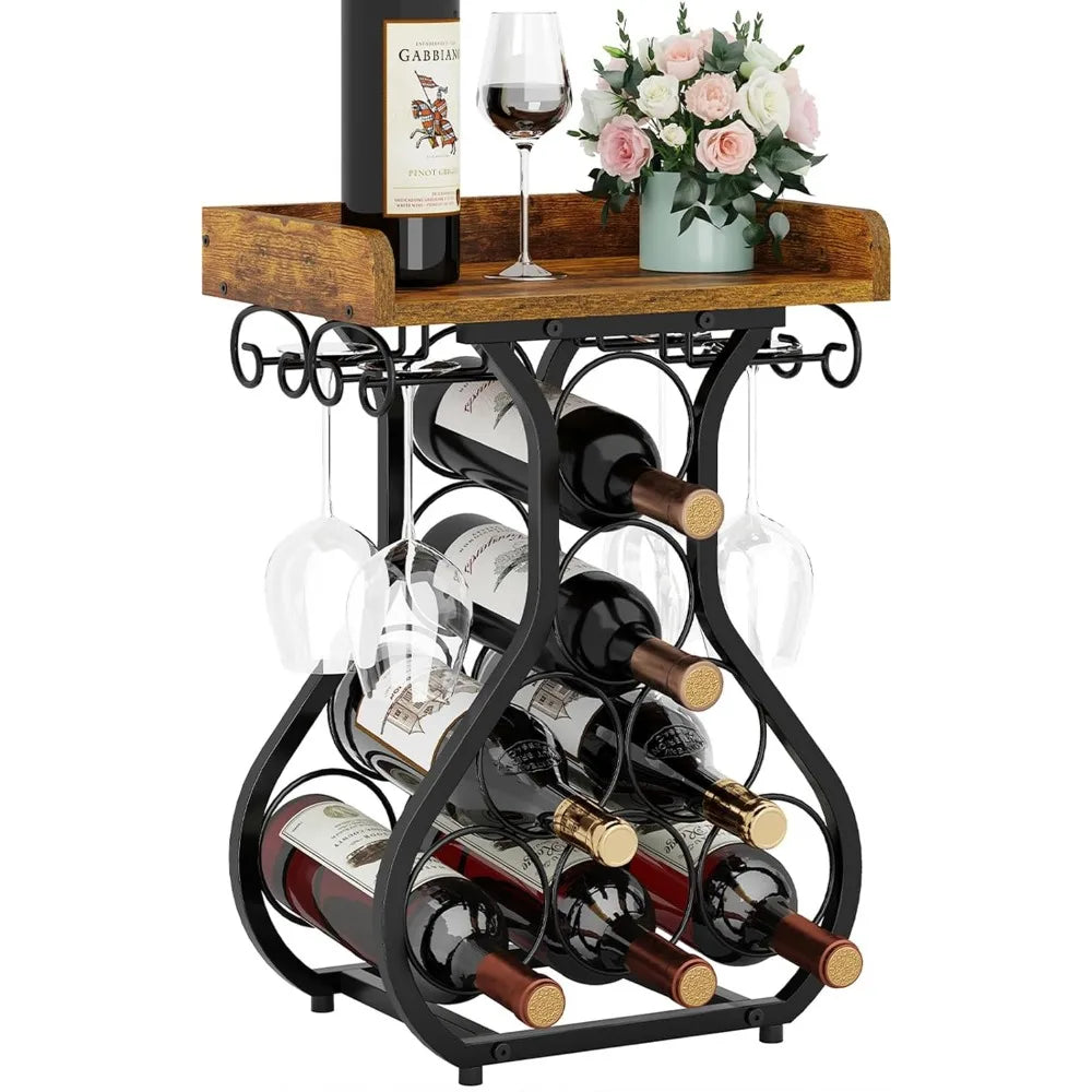 Compact Countertop Wine Rack with Glass Holder and Storage Shelf for Kitchen Bar