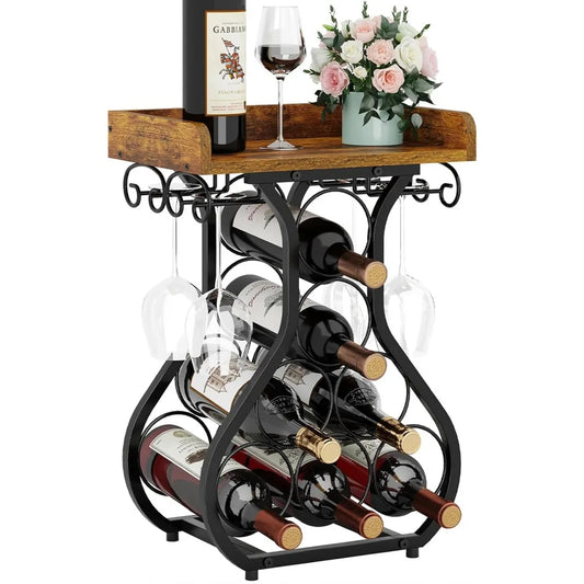 Compact Countertop Wine Rack with Glass Holder and Storage Shelf for Kitchen Bar