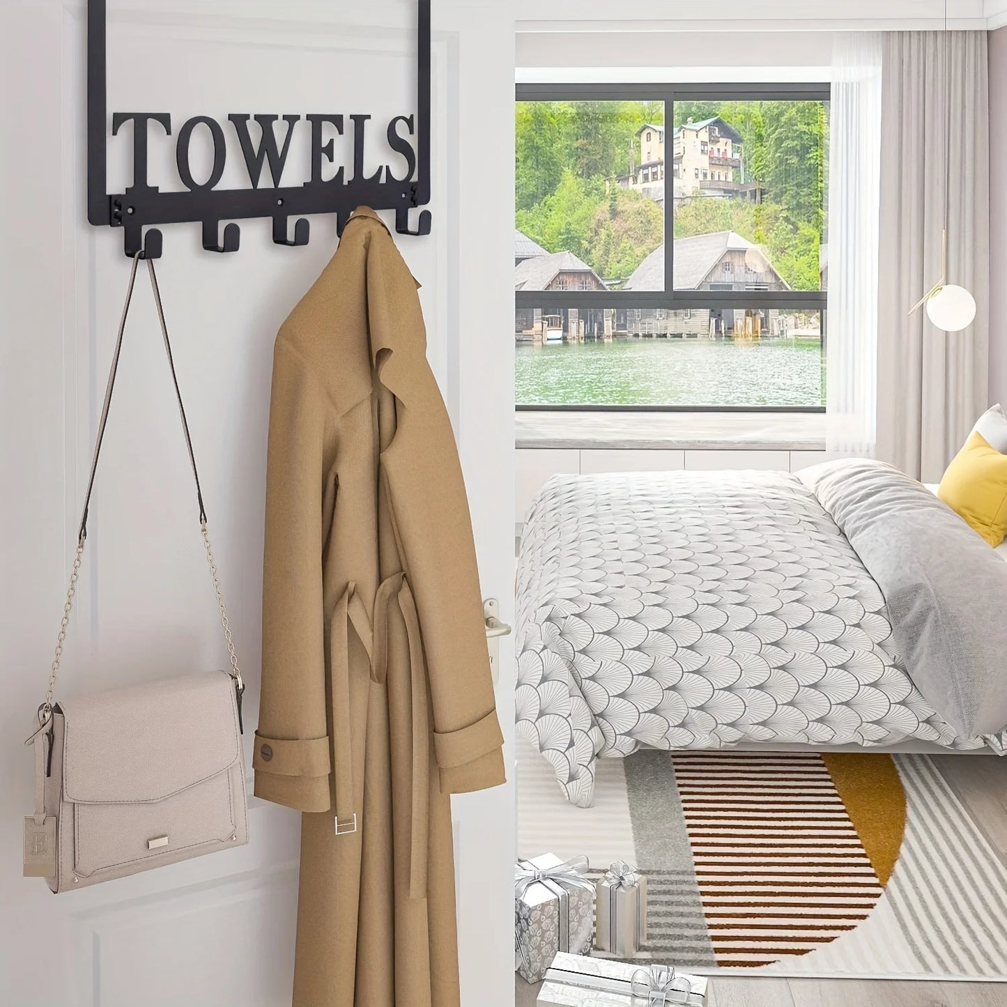 Over The Door Hooks, Towel Rack with 5 Hooks, Towel Holder for Hanging Heavy Duty, Door Rack Over Door Hanger for Bedroom Bathroom Kitchen