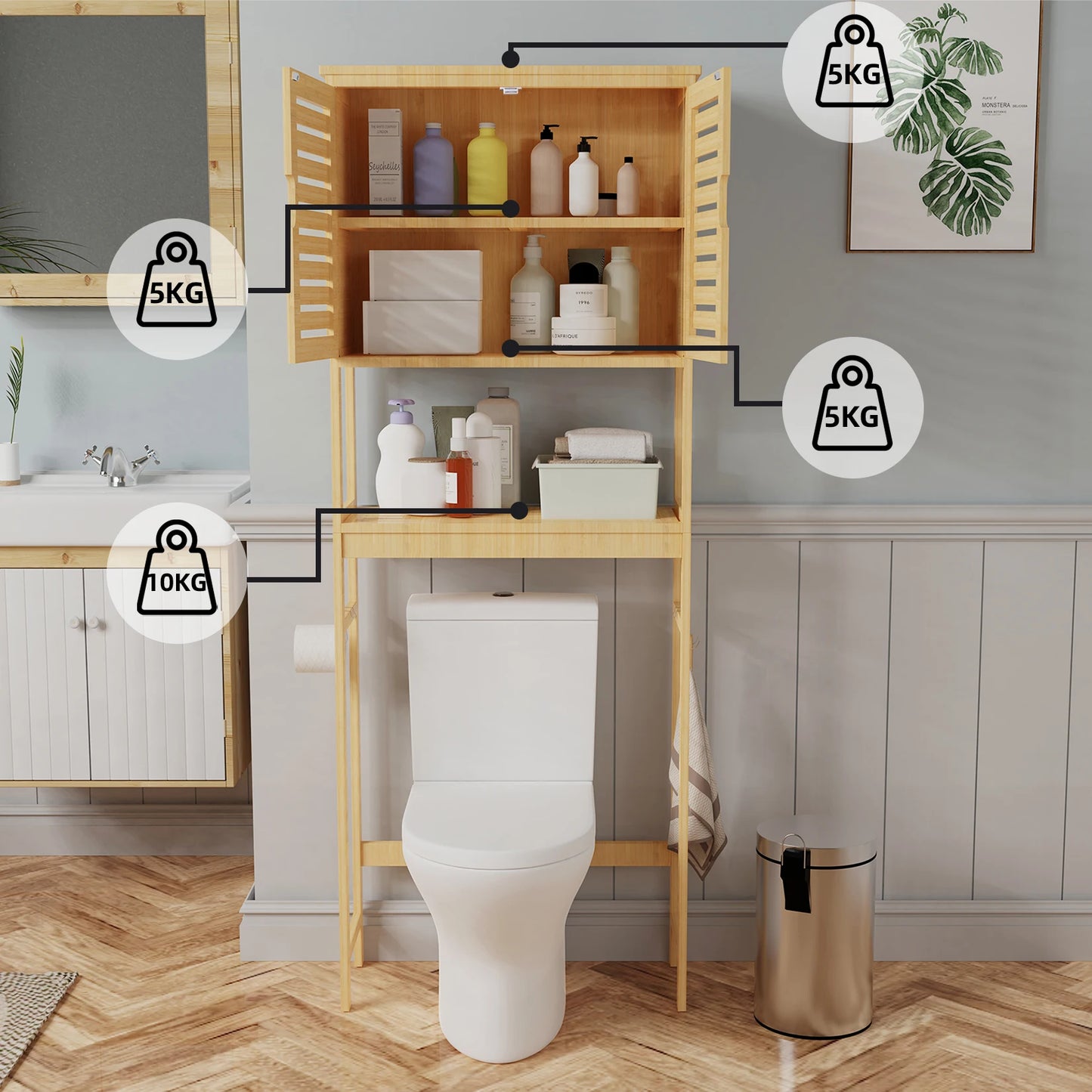 Over-the-Toilet Bathroom Storage Cabinet Bamboo Tall Organizer Rack Free Standing