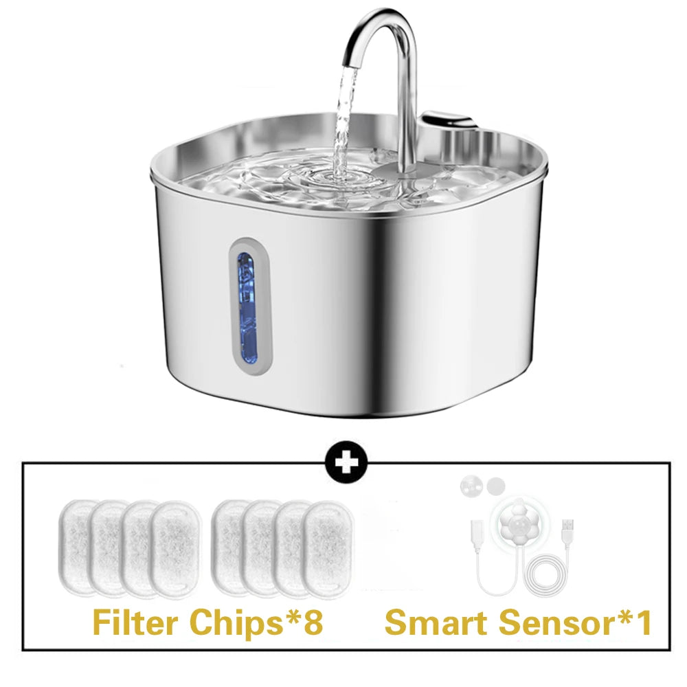 2.2L Square/Round Stainless Steel Cat Water Fountain, Dog Water Dispenser with LED Window, Silent Pet Water Feeder(No 5V 1A Plug