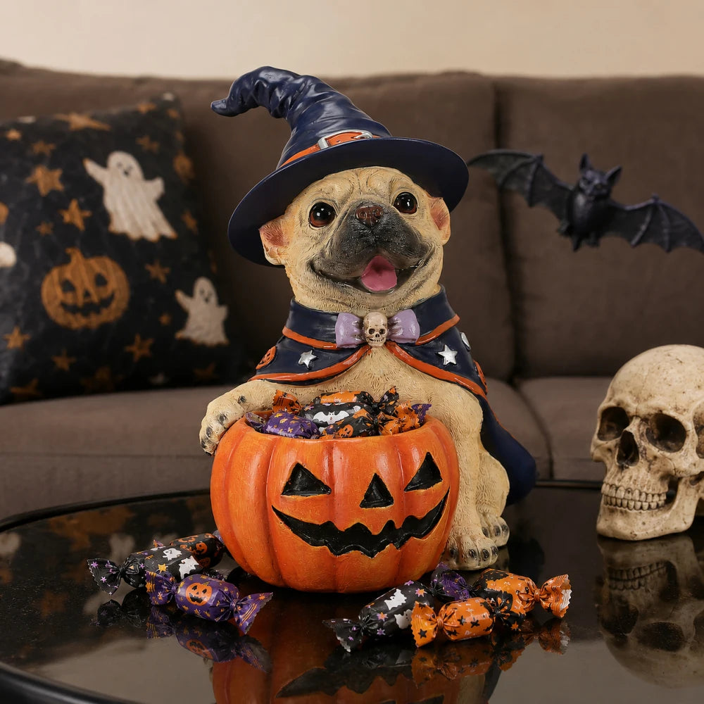 Halloween Witch French Bulldog Resin Figurine Pumpkin Candy Bowl Decoration