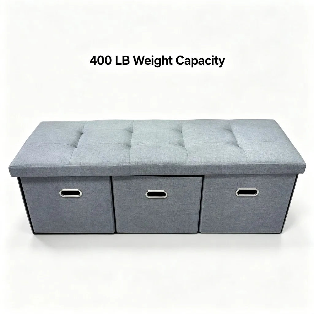 Foldable Storage Ottoman Bench With Three Spacious Drawers
