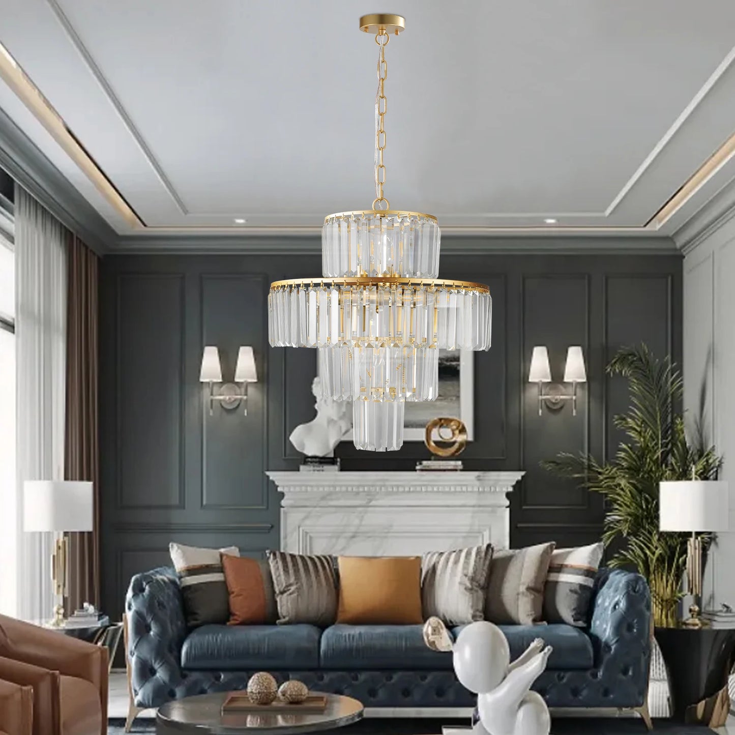 ZHIKEA Four Tier Crystal Chandelier Featuring Twelve Hanging Lamps