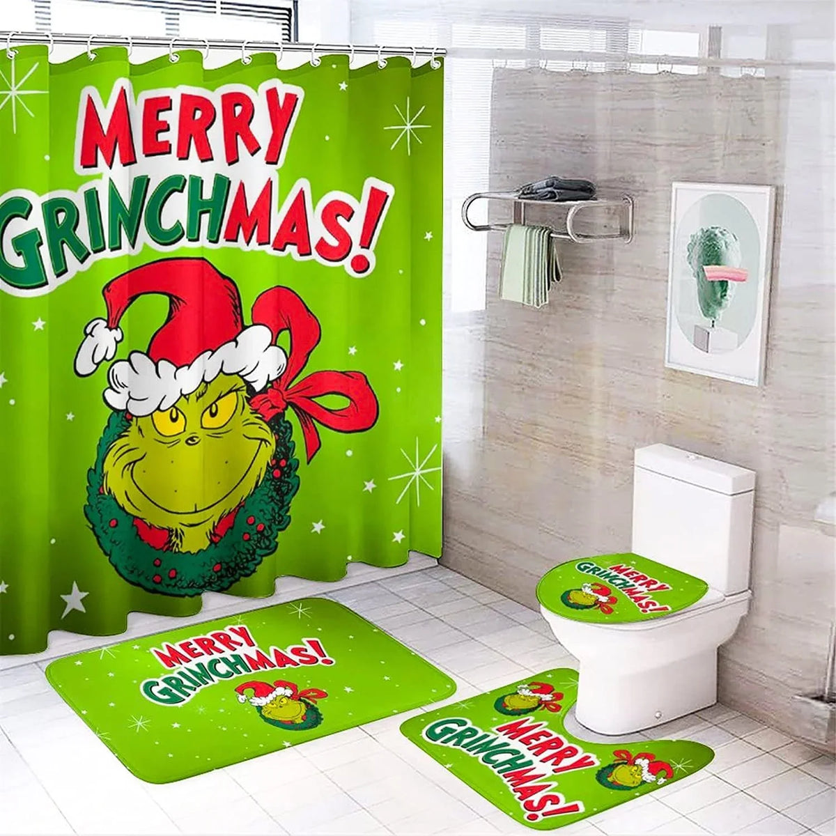 New Bathroom Curtains 2024 Digital Christmas Shower Curtain Four-Piece Green Furry Monster Decorative Bath Mat Set