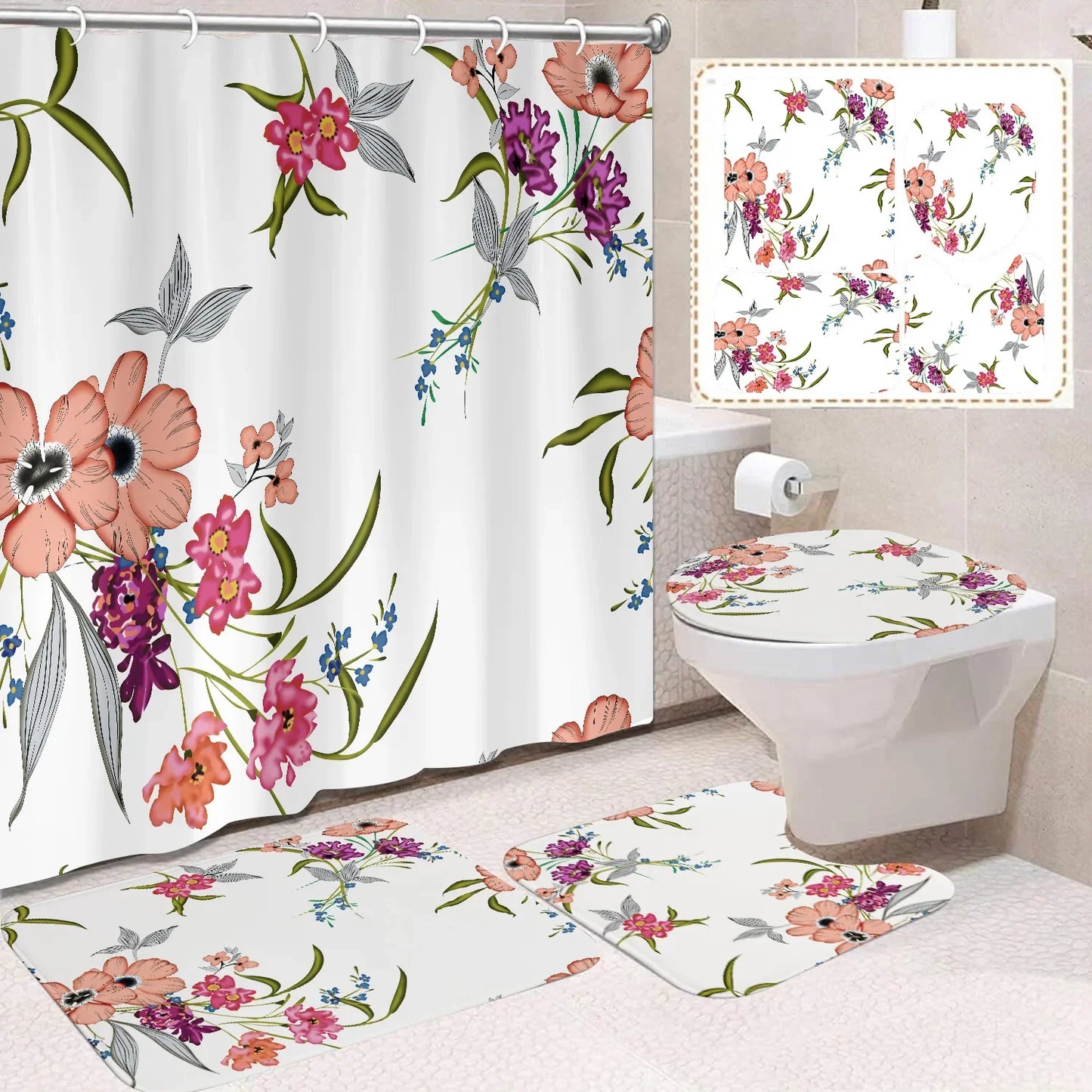 Custom 3D Digital Print Polyester Flower Shower Curtain Quick-Drying 4-Piece Modern Bathroom Set Wholesale Bathroom Accessory