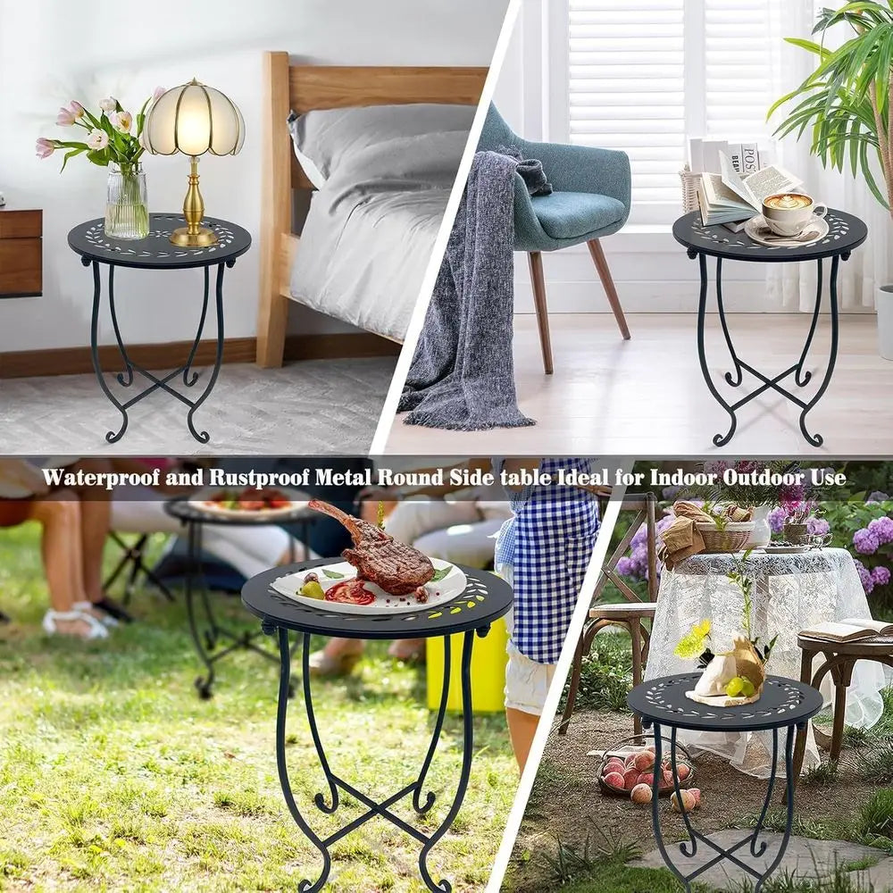 Metal Round Side Table, 2 Pack 14 Inch Outdoor Side Table, Weather Resistant Black Metal Patio Balcony Yard Garden, Plant Stand